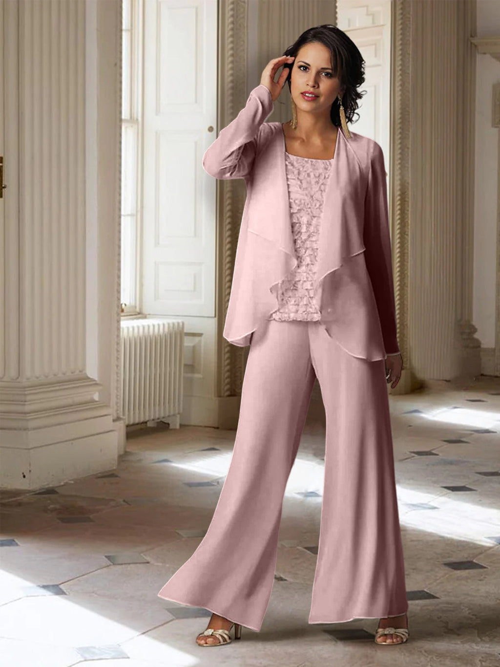 Chiffon-Hosenanzug mit langen Ärmeln und Jacke für die Mutter der Braut 