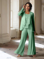 Chiffon-Hosenanzug mit langen Ärmeln und Jacke für die Mutter der Braut 
