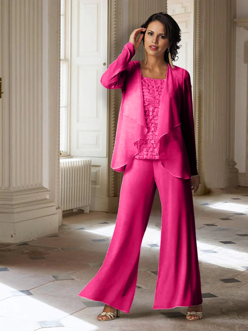 Chiffon-Hosenanzug mit langen Ärmeln und Jacke für die Mutter der Braut 