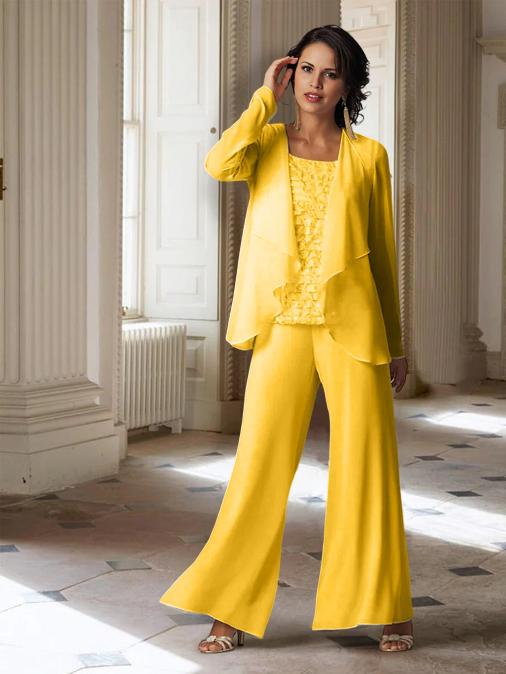 Chiffon-Hosenanzug mit langen Ärmeln und Jacke für die Mutter der Braut 