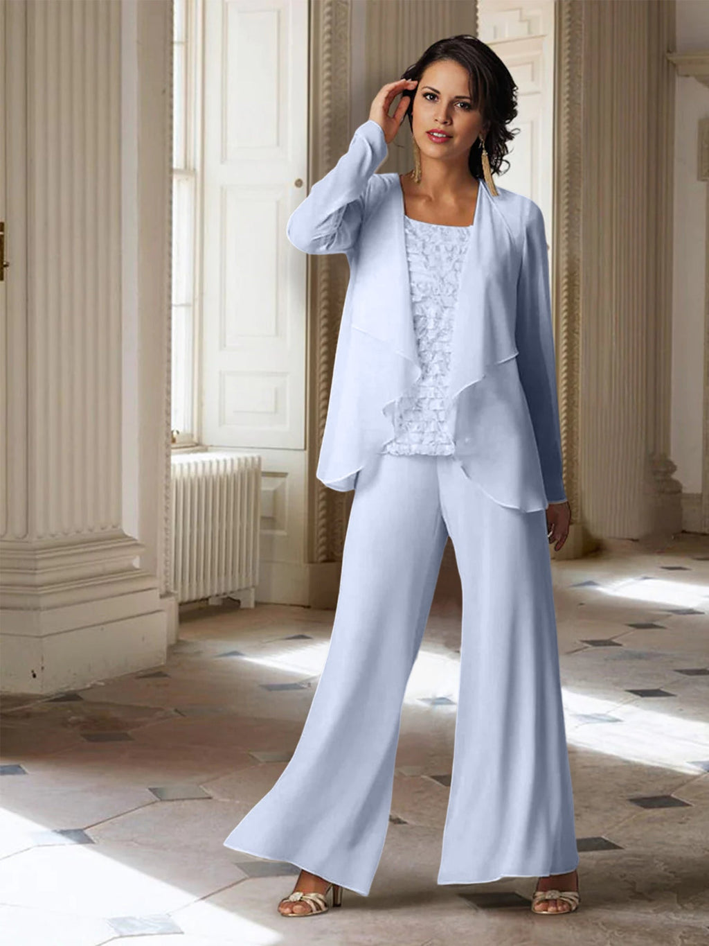 Chiffon-Hosenanzug mit langen Ärmeln und Jacke für die Mutter der Braut 