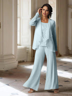 Chiffon-Hosenanzug mit langen Ärmeln und Jacke für die Mutter der Braut 