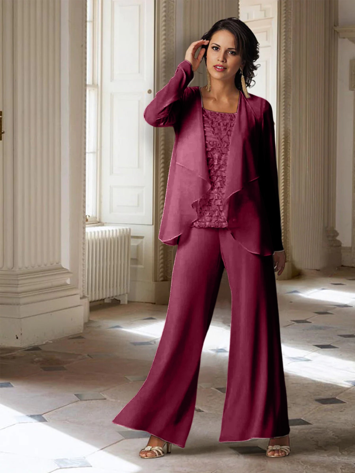 Chiffon-Hosenanzug mit langen Ärmeln und Jacke für die Mutter der Braut 
