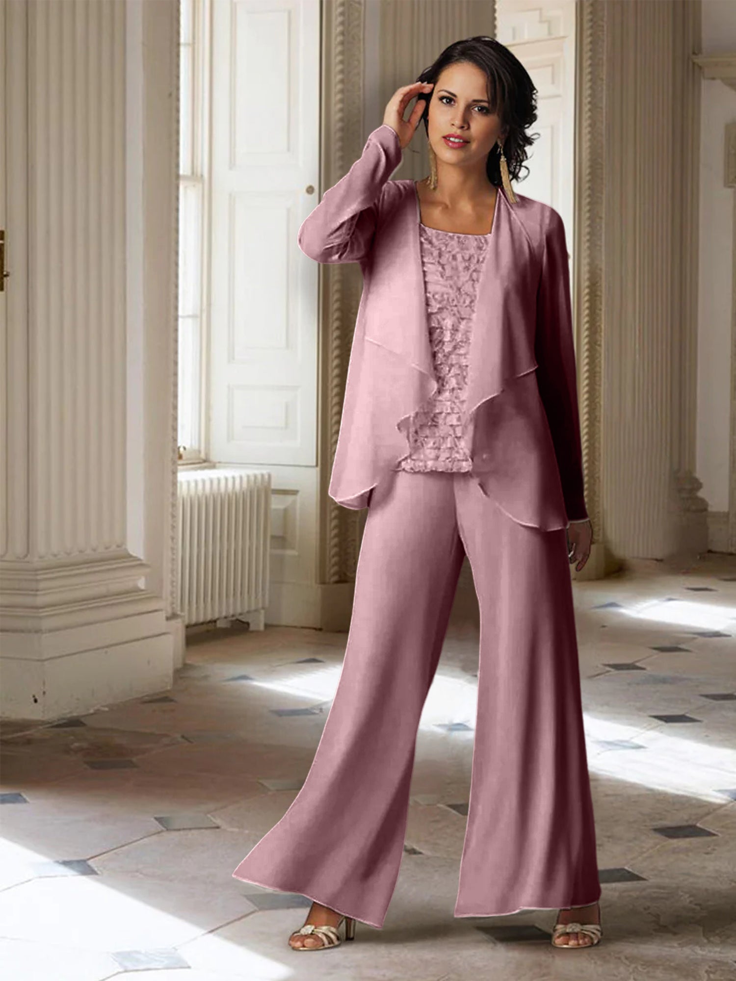 Trajes de pantalón de gasa de manga larga para madre de la novia con chaqueta 