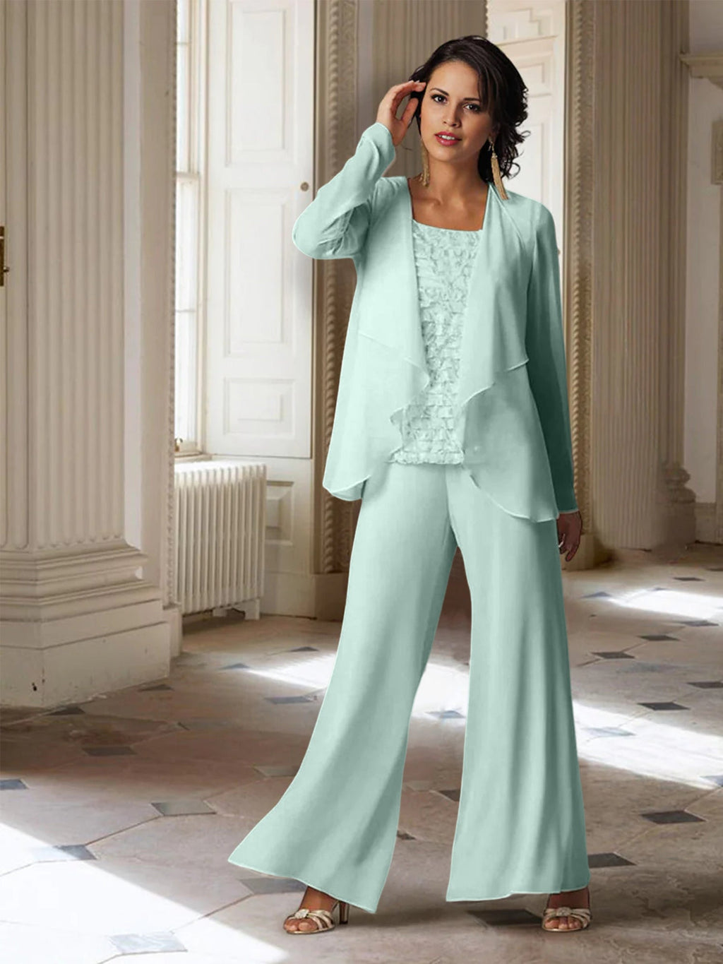 Chiffon-Hosenanzug mit langen Ärmeln und Jacke für die Mutter der Braut 