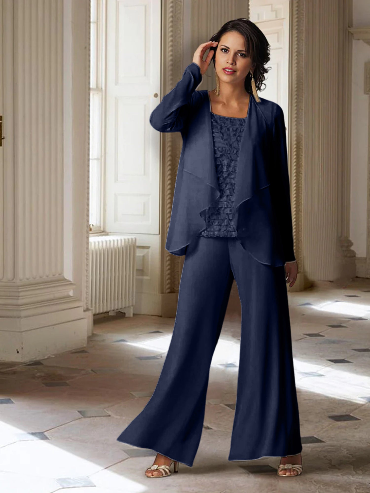 Chiffon-Hosenanzug mit langen Ärmeln und Jacke für die Mutter der Braut 