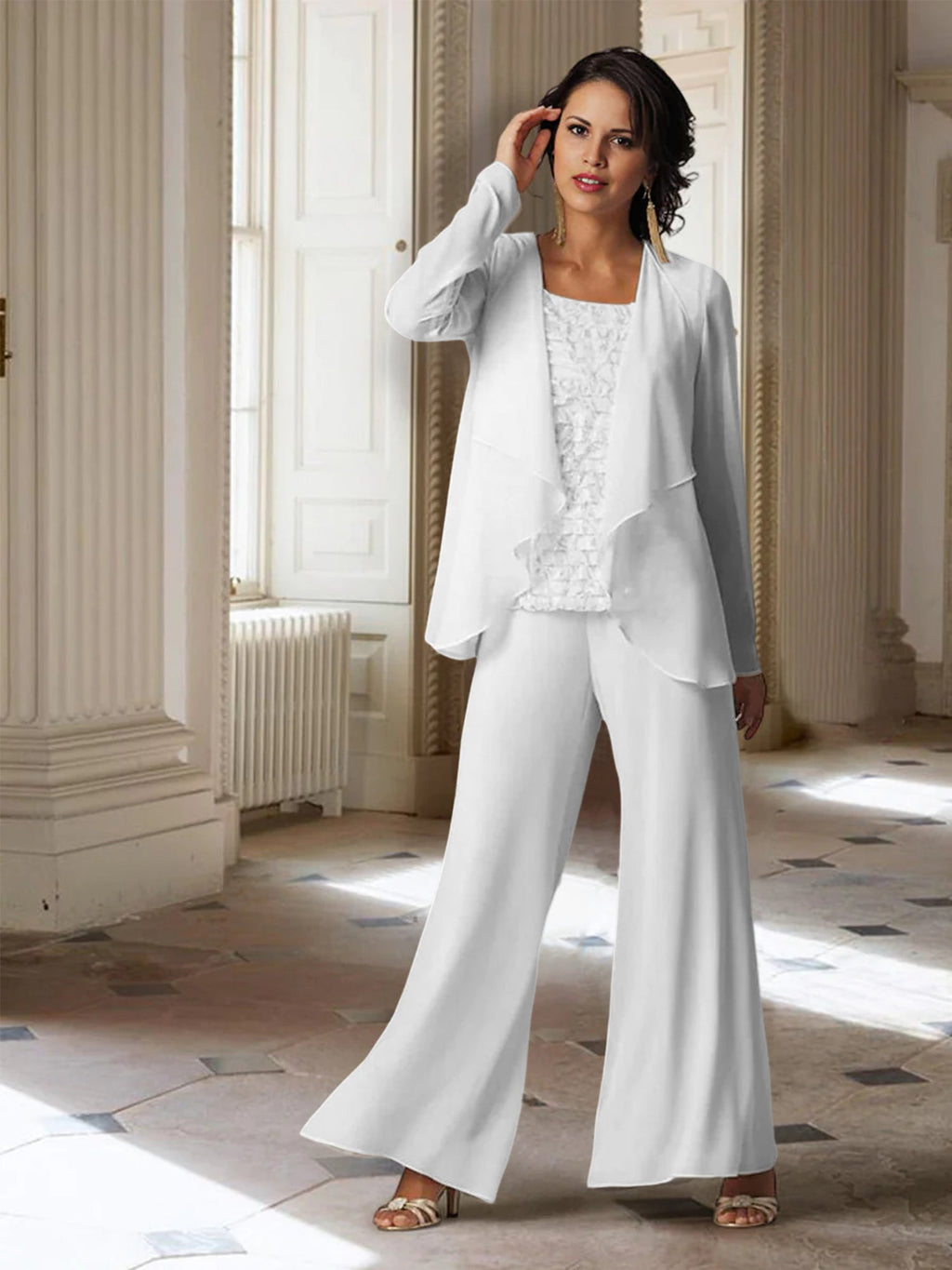 Chiffon-Hosenanzug mit langen Ärmeln und Jacke für die Mutter der Braut 