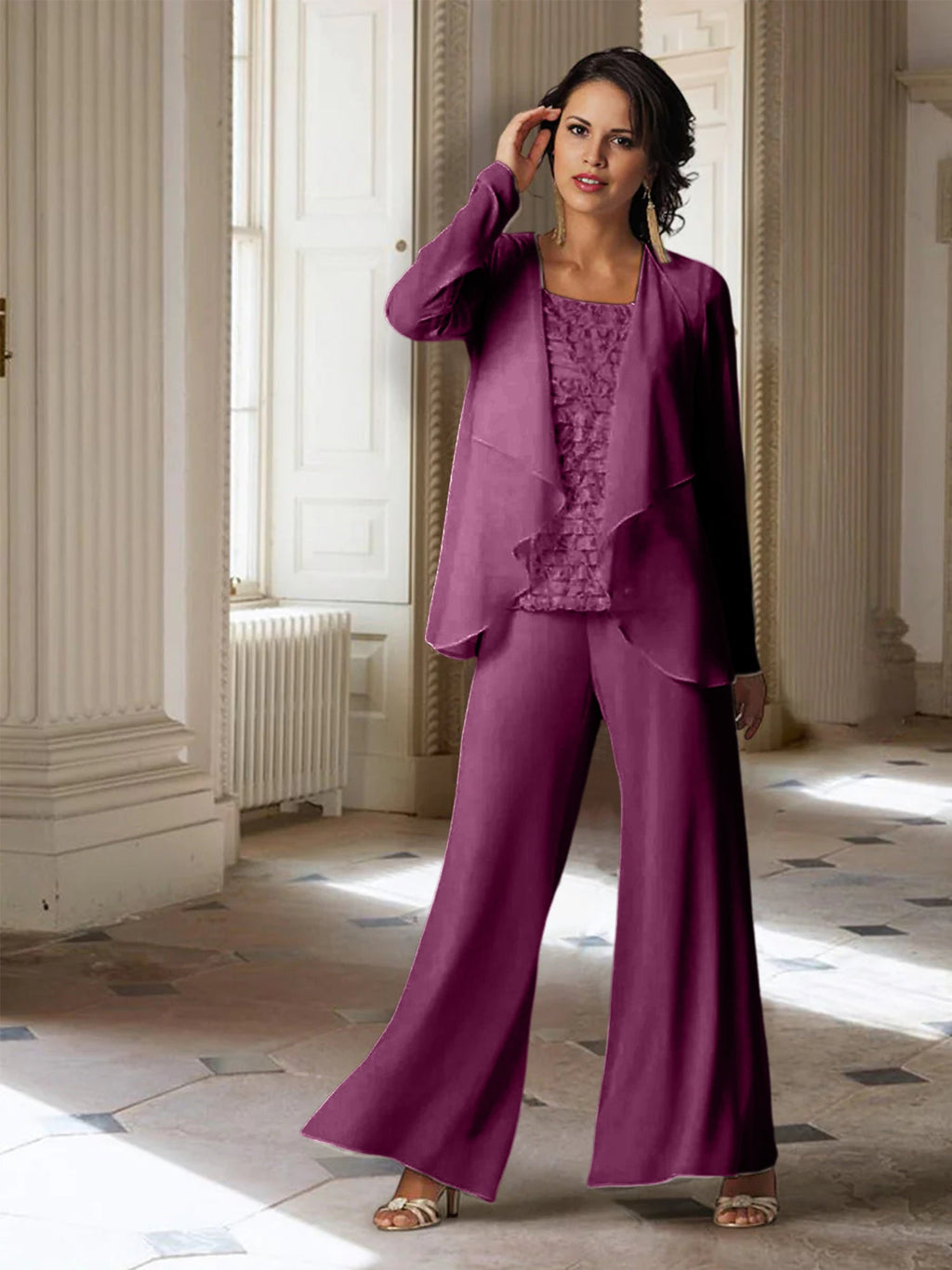 Chiffon-Hosenanzug mit langen Ärmeln und Jacke für die Mutter der Braut 