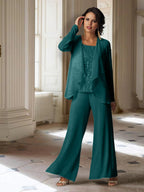 Chiffon-Hosenanzug mit langen Ärmeln und Jacke für die Mutter der Braut 