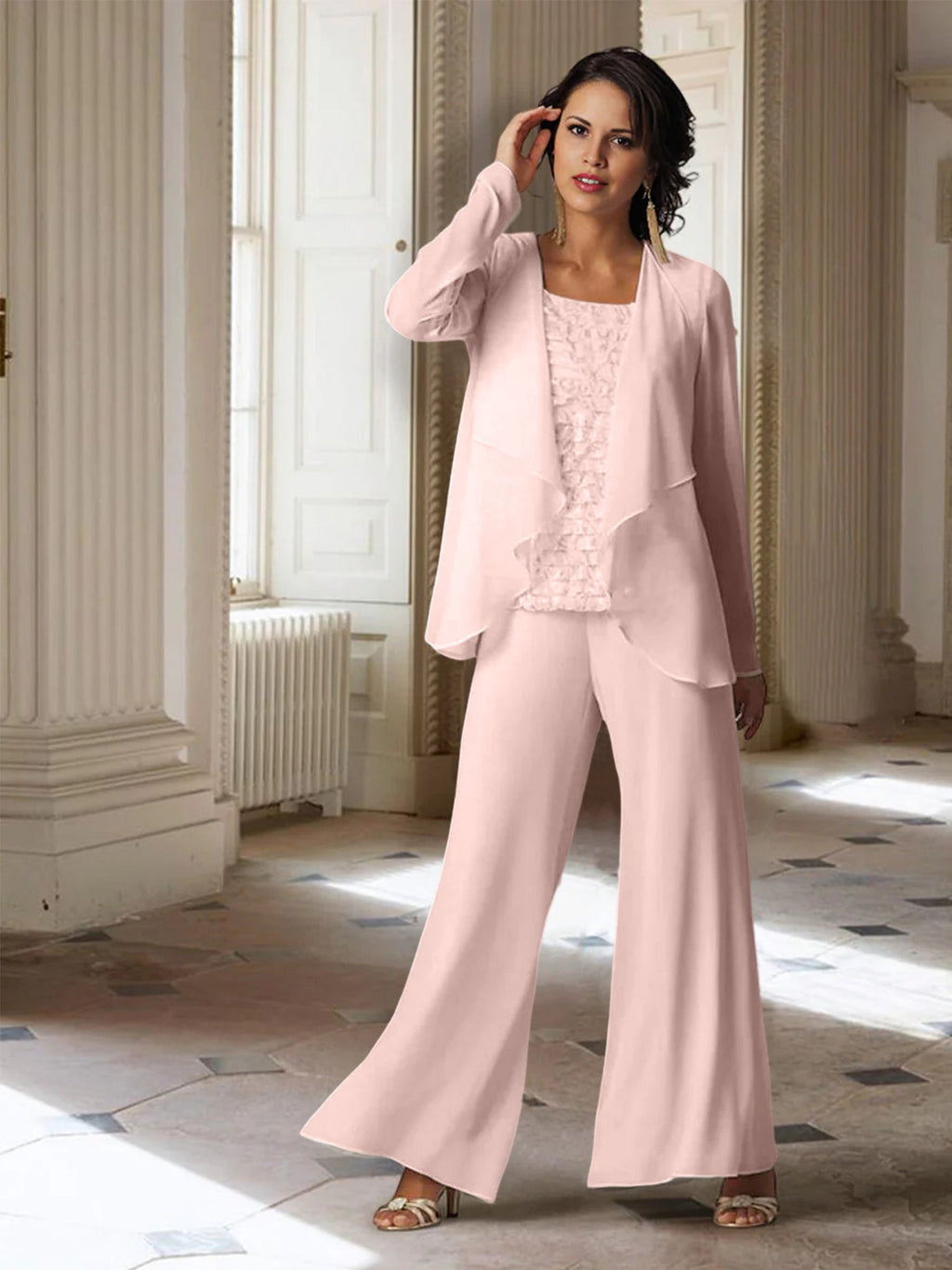 Chiffon-Hosenanzug mit langen Ärmeln und Jacke für die Mutter der Braut 