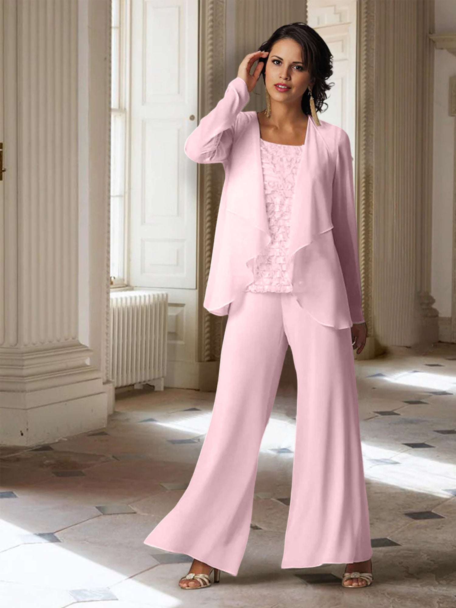 Trajes de pantalón de gasa de manga larga para madre de la novia con chaqueta 