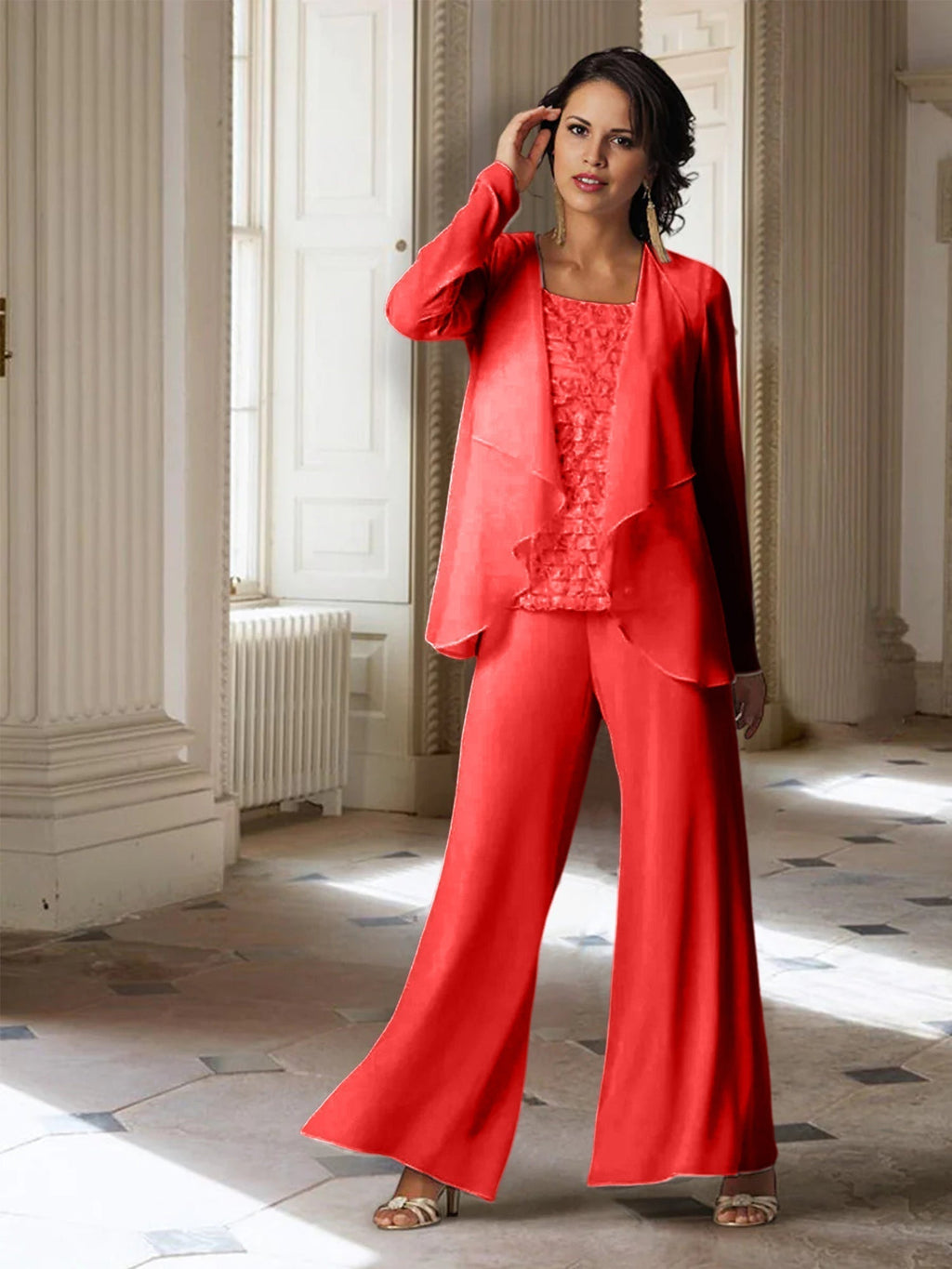 Chiffon-Hosenanzug mit langen Ärmeln und Jacke für die Mutter der Braut 