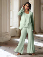Chiffon-Hosenanzug mit langen Ärmeln und Jacke für die Mutter der Braut 