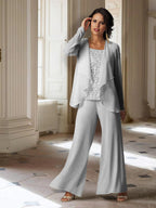 Chiffon-Hosenanzug mit langen Ärmeln und Jacke für die Mutter der Braut 