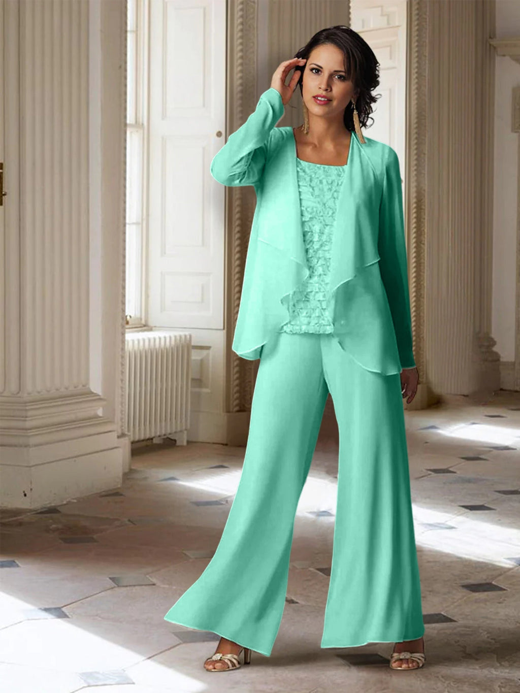 Chiffon-Hosenanzug mit langen Ärmeln und Jacke für die Mutter der Braut 