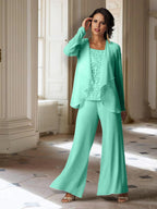 Chiffon-Hosenanzug mit langen Ärmeln und Jacke für die Mutter der Braut 