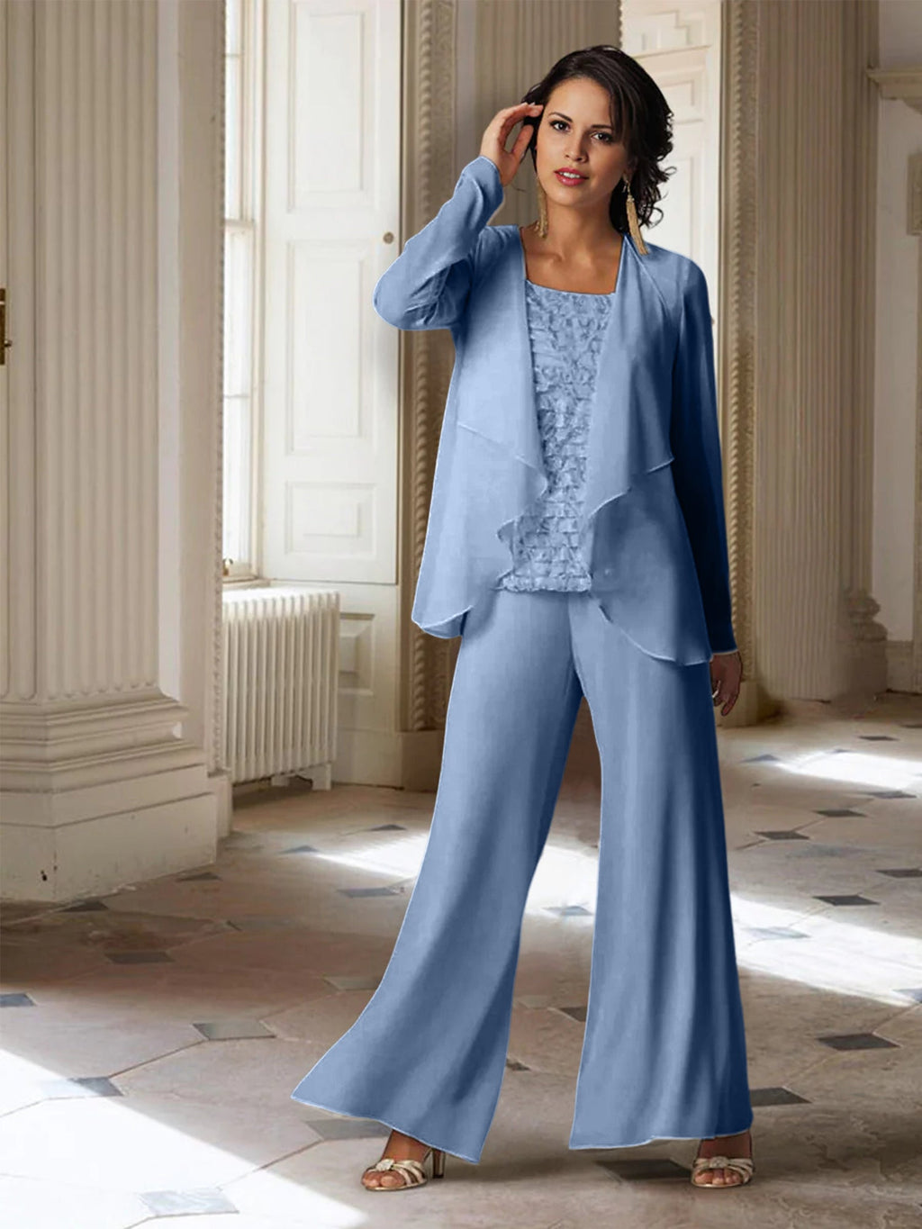 Chiffon-Hosenanzug mit langen Ärmeln und Jacke für die Mutter der Braut 