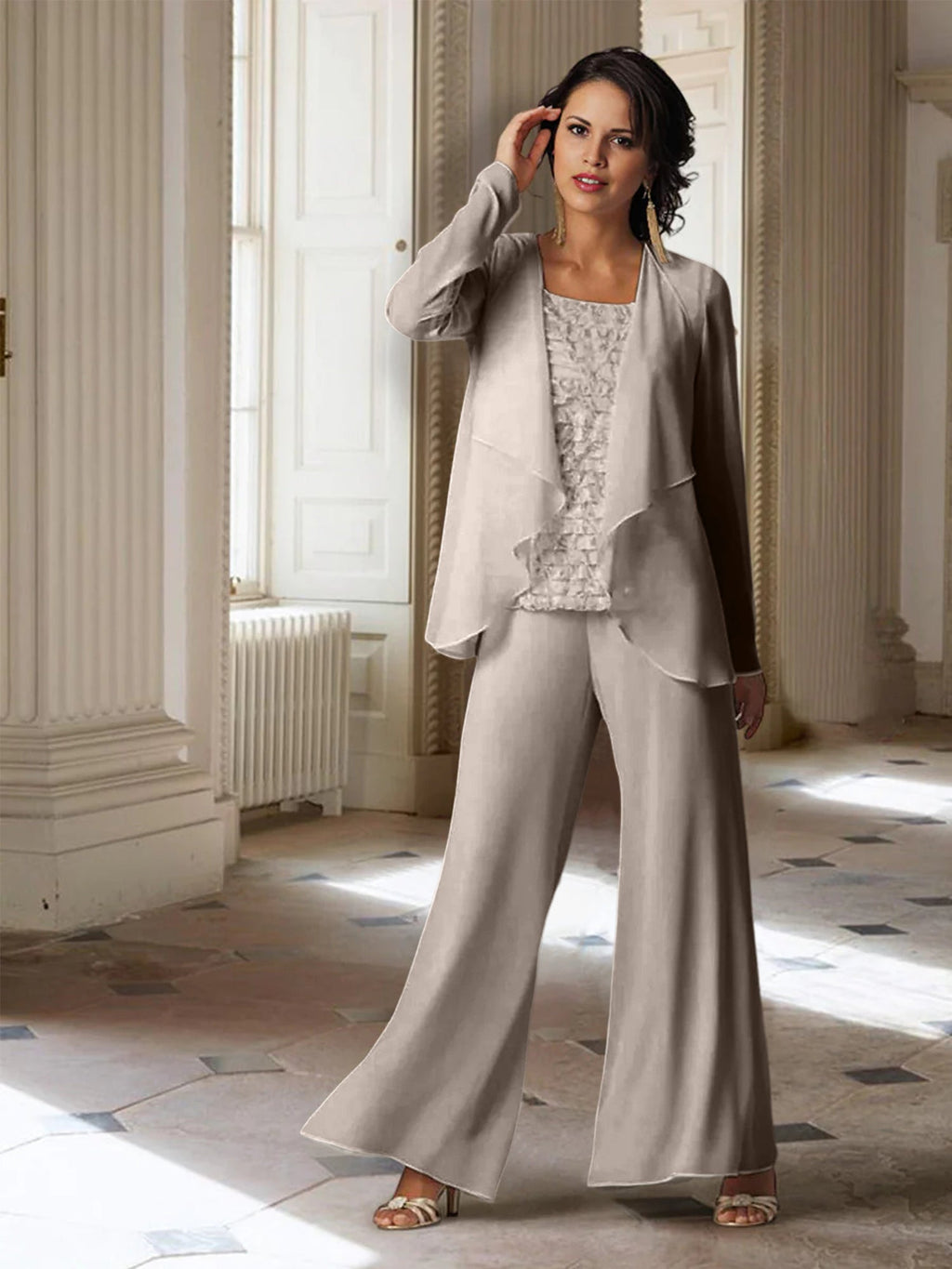 Chiffon-Hosenanzug mit langen Ärmeln und Jacke für die Mutter der Braut 