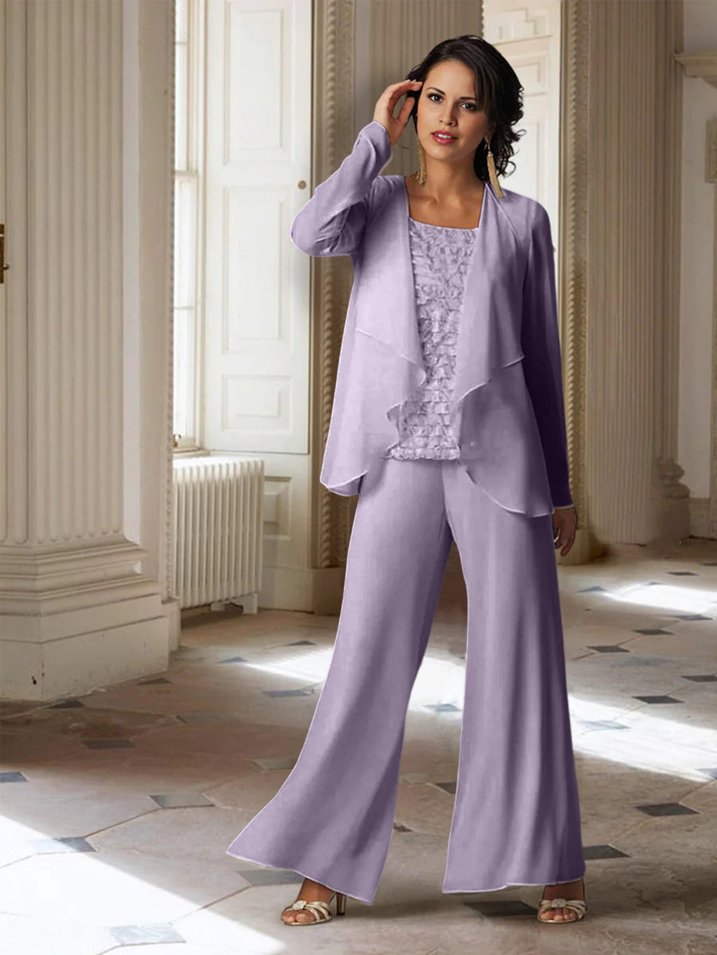 Chiffon-Hosenanzug mit langen Ärmeln und Jacke für die Mutter der Braut 