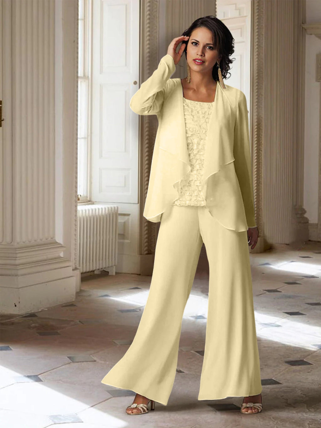 Chiffon-Hosenanzug mit langen Ärmeln und Jacke für die Mutter der Braut 