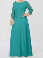 A-Linien-/Prinzessinnenkleid mit Rundhalsausschnitt, 3/4-Ärmeln und bodenlanger Ausführung für die Mutter der Braut, verziert mit Applikationen und Pailletten 
