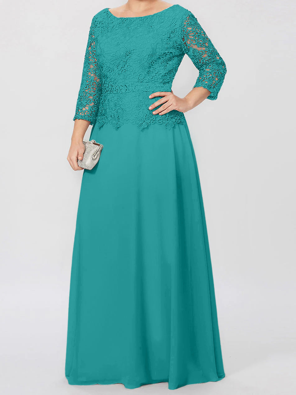 Vestidos de madre de la novia de corte A/princesa, cuello redondo, mangas 3/4, largo hasta el suelo, con apliques y lentejuelas 