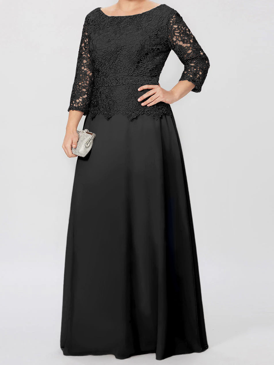 Vestidos de madre de la novia de corte A/princesa, cuello redondo, mangas 3/4, largo hasta el suelo, con apliques y lentejuelas 
