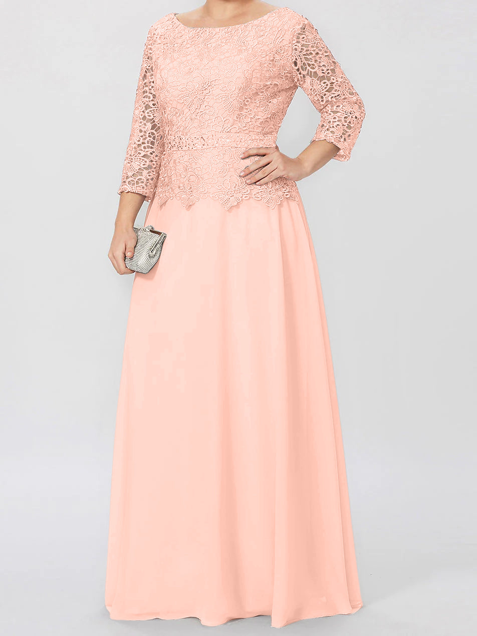 Vestidos de madre de la novia de corte A/princesa, cuello redondo, mangas 3/4, largo hasta el suelo, con apliques y lentejuelas 