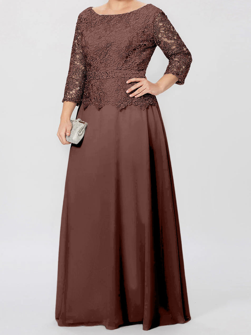 Vestidos de madre de la novia de corte A/princesa, cuello redondo, mangas 3/4, largo hasta el suelo, con apliques y lentejuelas 