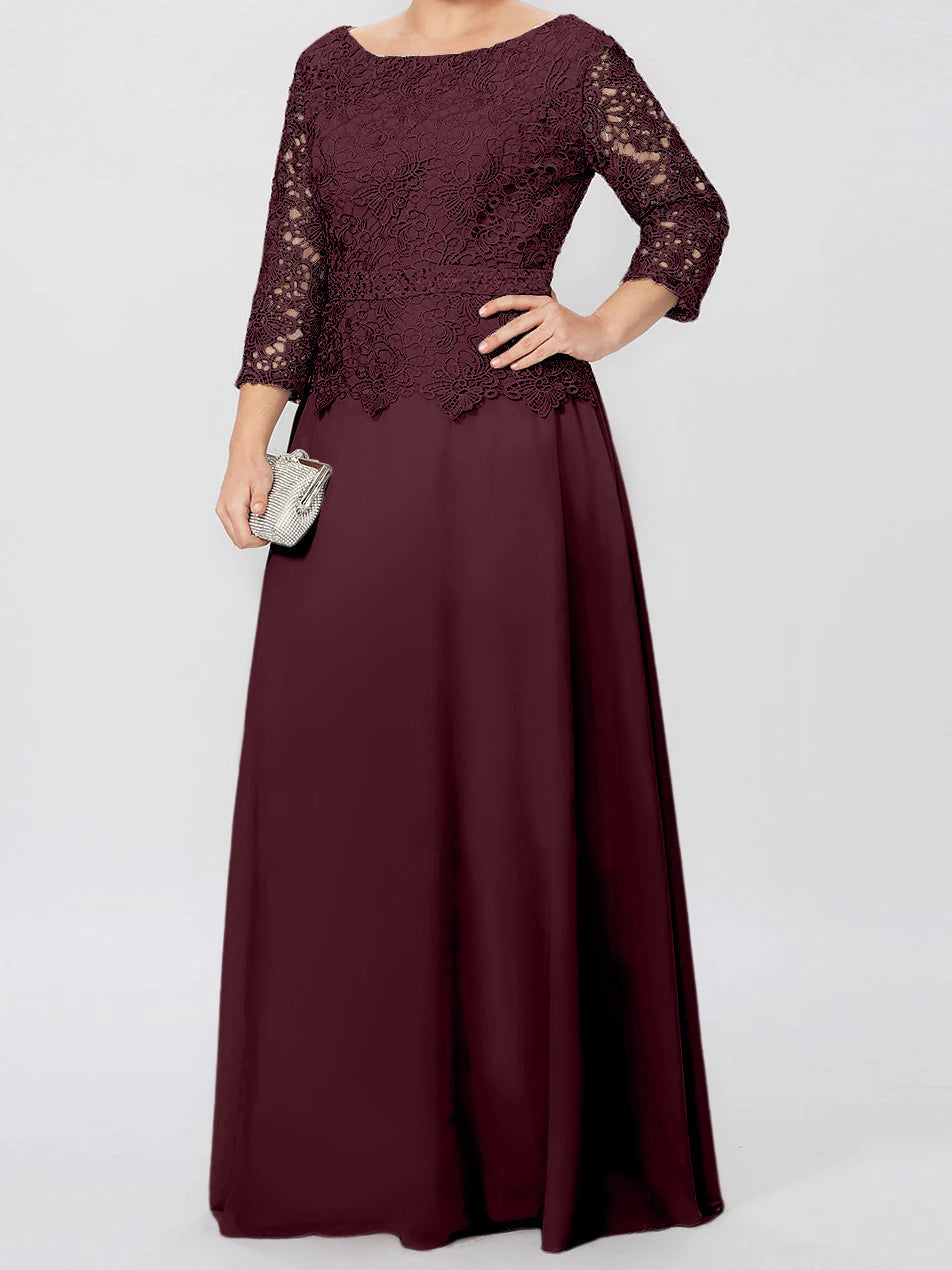 Vestidos de madre de la novia de corte A/princesa, cuello redondo, mangas 3/4, largo hasta el suelo, con apliques y lentejuelas 