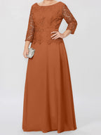 A-Linien-/Prinzessinnenkleid mit Rundhalsausschnitt, 3/4-Ärmeln und bodenlanger Ausführung für die Mutter der Braut, verziert mit Applikationen und Pailletten 