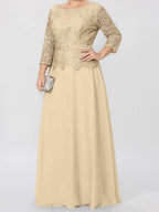 A-Linien-/Prinzessinnenkleid mit Rundhalsausschnitt, 3/4-Ärmeln und bodenlanger Ausführung für die Mutter der Braut, verziert mit Applikationen und Pailletten 
