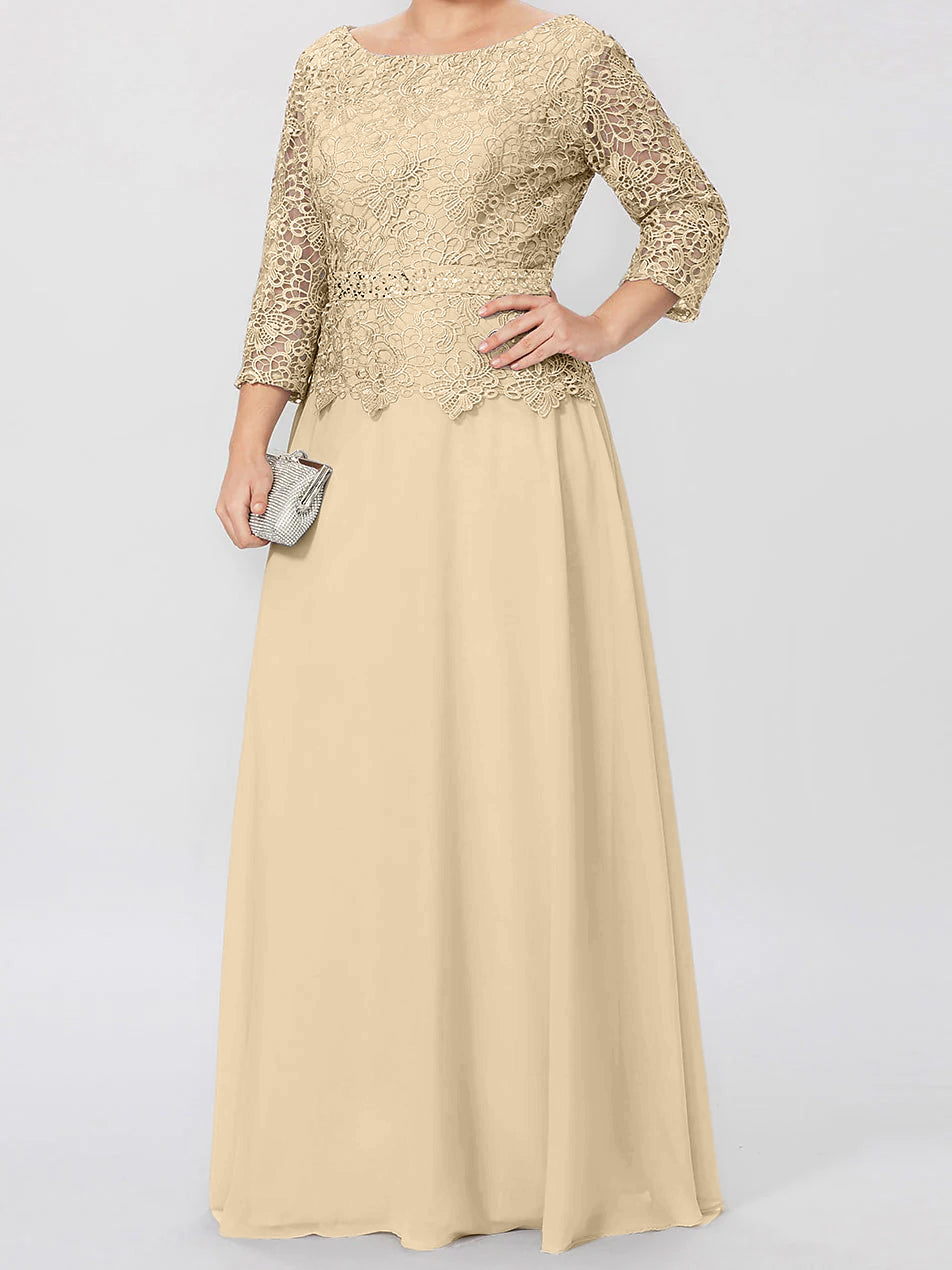 Vestidos de madre de la novia de corte A/princesa, cuello redondo, mangas 3/4, largo hasta el suelo, con apliques y lentejuelas 