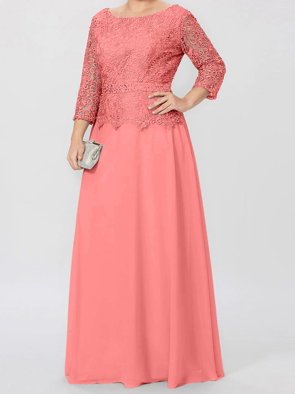 Vestidos de madre de la novia de corte A/princesa, cuello redondo, mangas 3/4, largo hasta el suelo, con apliques y lentejuelas 