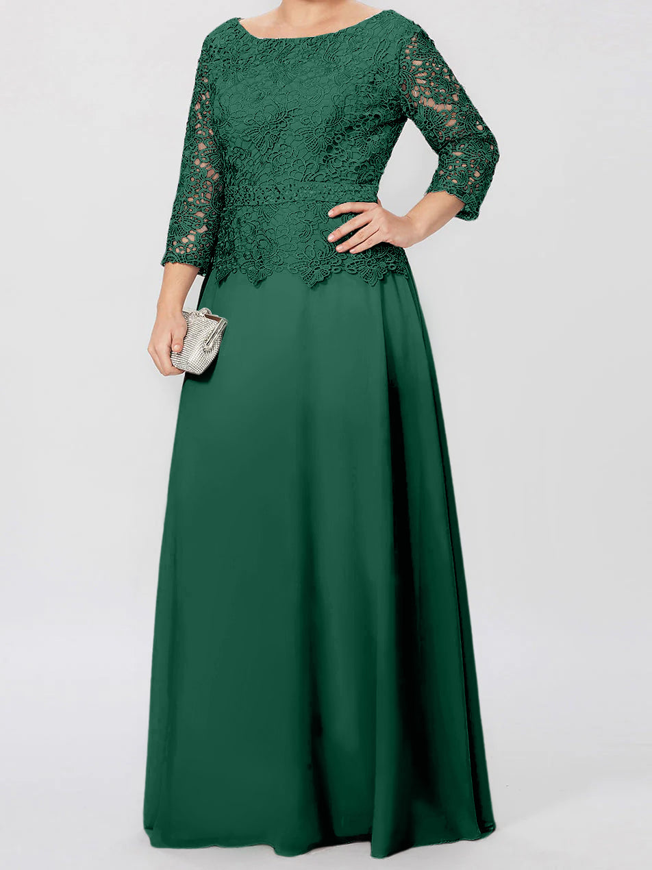 Vestidos de madre de la novia de corte A/princesa, cuello redondo, mangas 3/4, largo hasta el suelo, con apliques y lentejuelas 