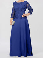 A-Linien-/Prinzessinnenkleid mit Rundhalsausschnitt, 3/4-Ärmeln und bodenlanger Ausführung für die Mutter der Braut, verziert mit Applikationen und Pailletten 