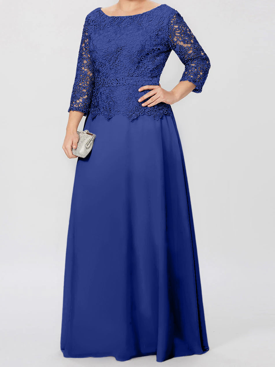Vestidos de madre de la novia de corte A/princesa, cuello redondo, mangas 3/4, largo hasta el suelo, con apliques y lentejuelas 