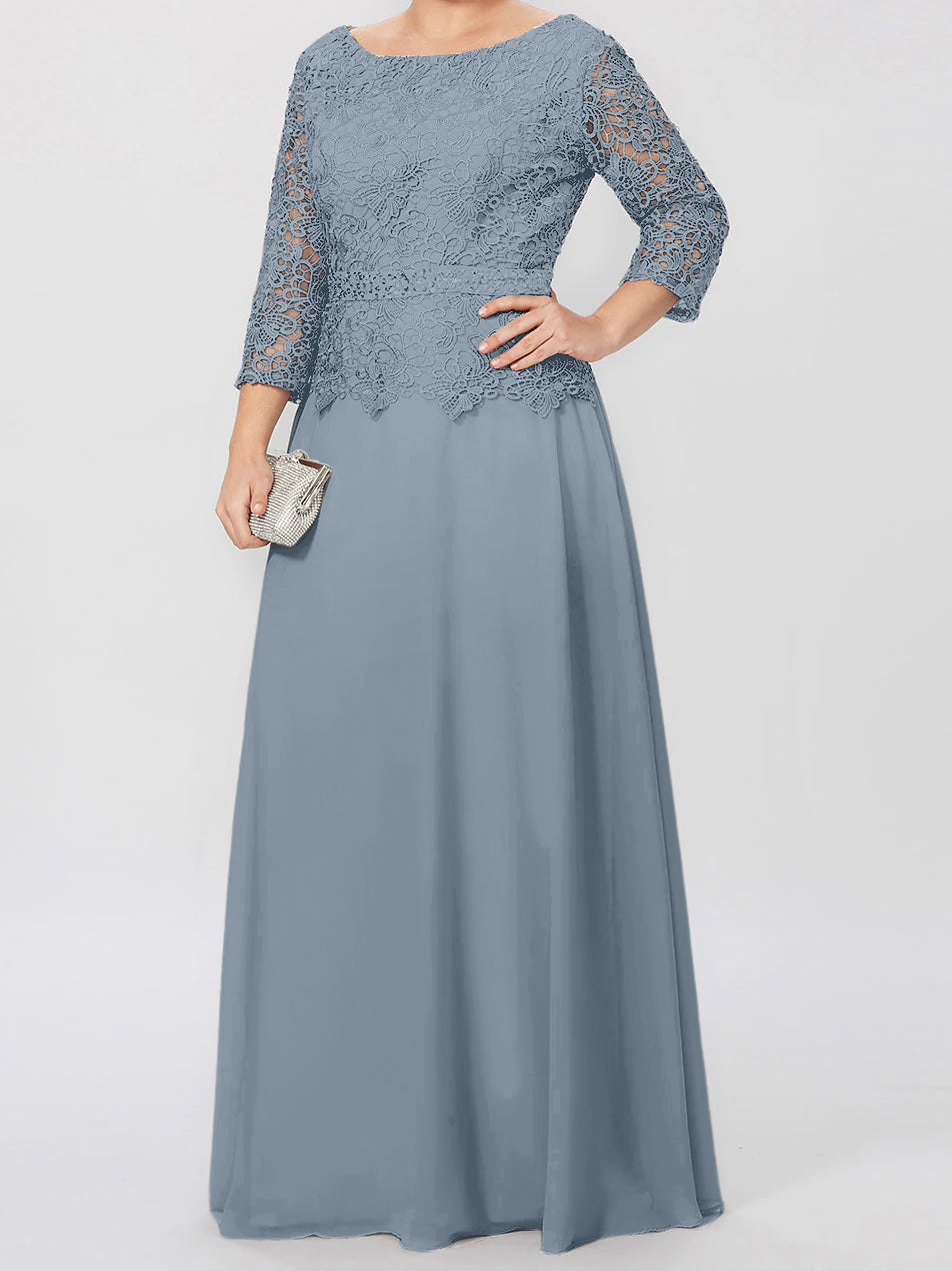 Vestidos de madre de la novia de corte A/princesa, cuello redondo, mangas 3/4, largo hasta el suelo, con apliques y lentejuelas 