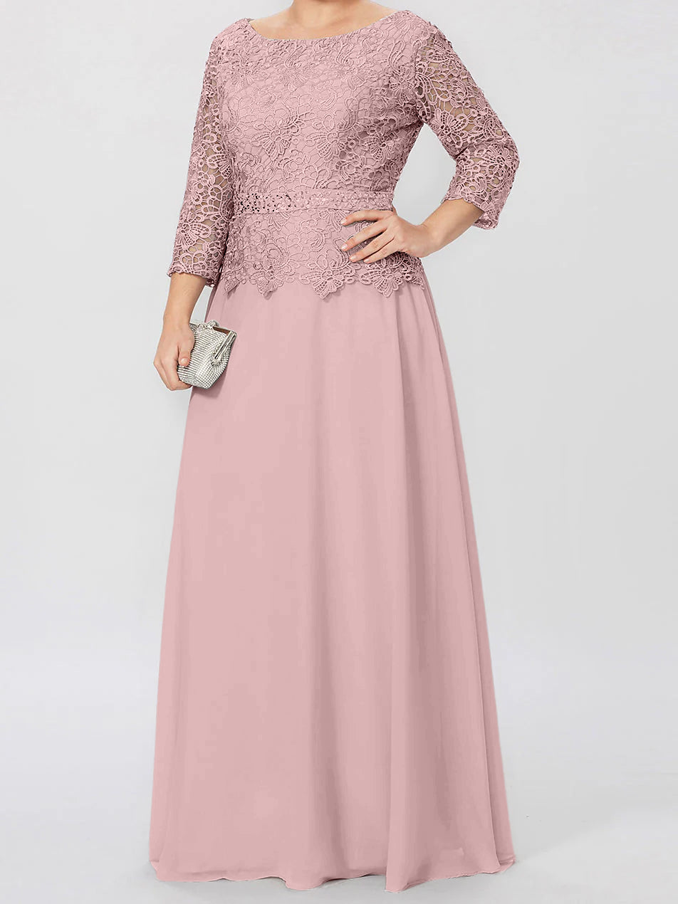 A-Linien-/Prinzessinnenkleid mit Rundhalsausschnitt, 3/4-Ärmeln und bodenlanger Ausführung für die Mutter der Braut, verziert mit Applikationen und Pailletten 