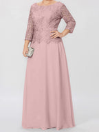 A-Linien-/Prinzessinnenkleid mit Rundhalsausschnitt, 3/4-Ärmeln und bodenlanger Ausführung für die Mutter der Braut, verziert mit Applikationen und Pailletten 