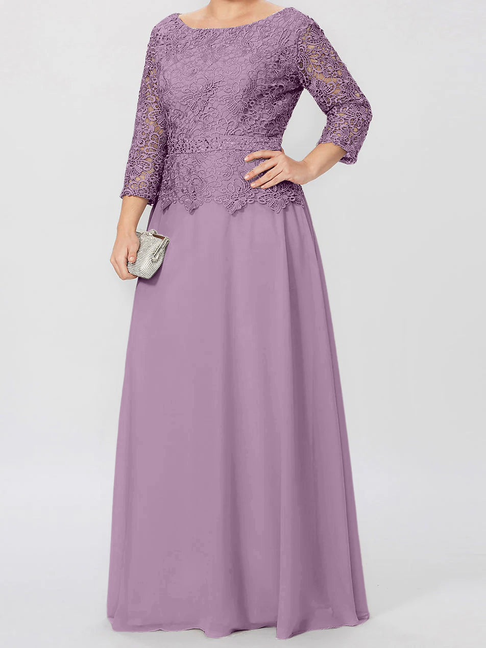 Vestidos de madre de la novia de corte A/princesa, cuello redondo, mangas 3/4, largo hasta el suelo, con apliques y lentejuelas 