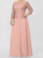 A-Linien-/Prinzessinnenkleid mit Rundhalsausschnitt, 3/4-Ärmeln und bodenlanger Ausführung für die Mutter der Braut, verziert mit Applikationen und Pailletten 