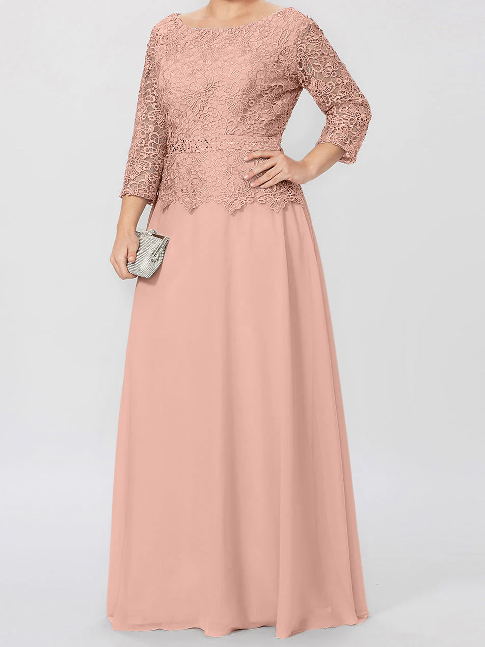 Vestidos de madre de la novia de corte A/princesa, cuello redondo, mangas 3/4, largo hasta el suelo, con apliques y lentejuelas 