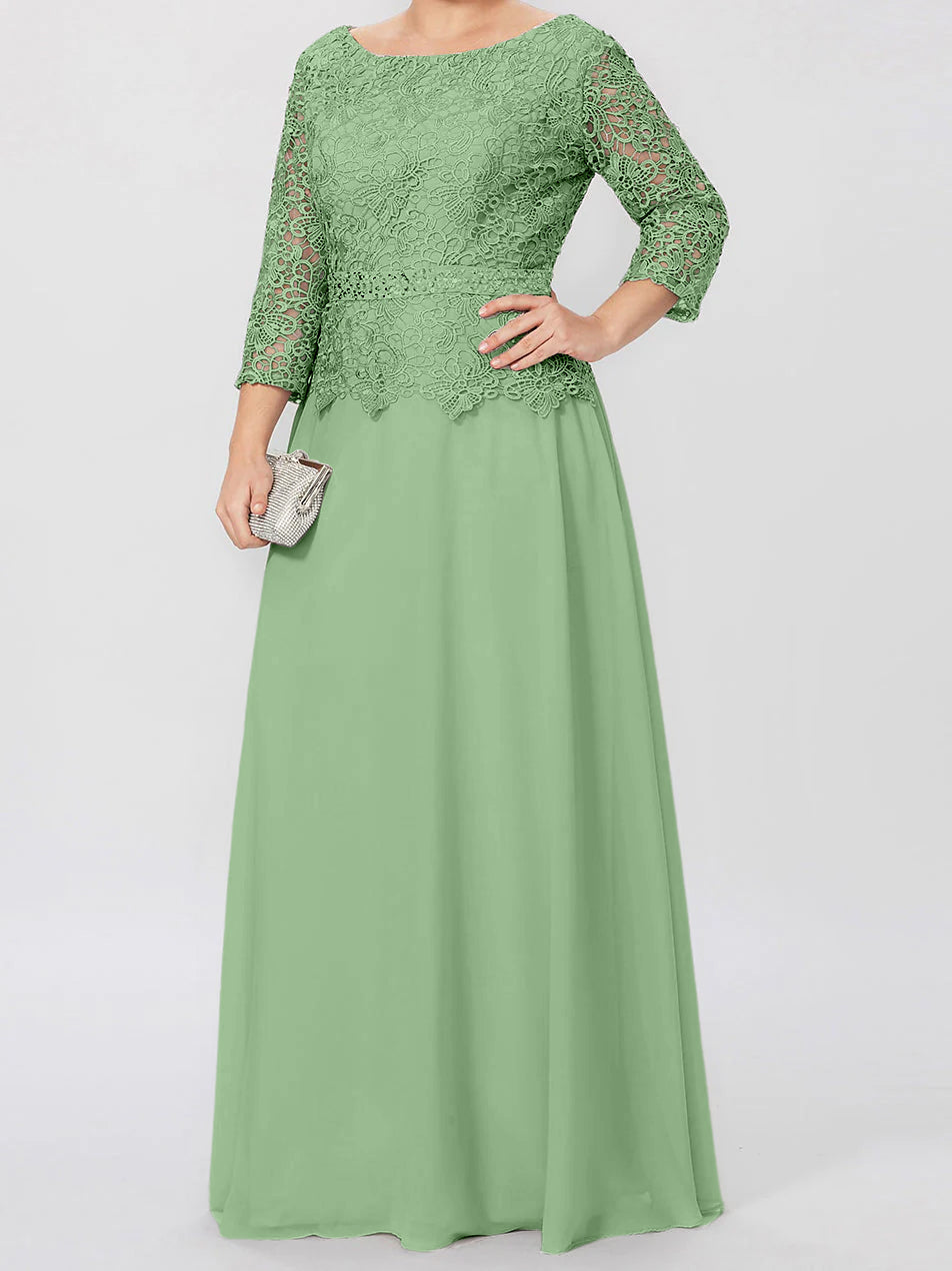 Vestidos de madre de la novia de corte A/princesa, cuello redondo, mangas 3/4, largo hasta el suelo, con apliques y lentejuelas 
