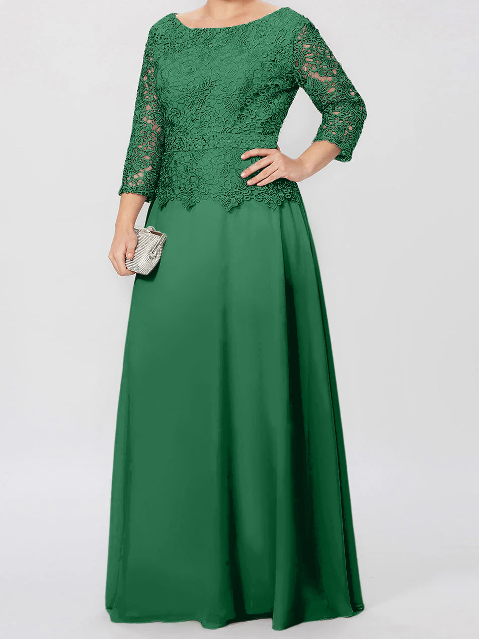 Vestidos de madre de la novia de corte A/princesa, cuello redondo, mangas 3/4, largo hasta el suelo, con apliques y lentejuelas 