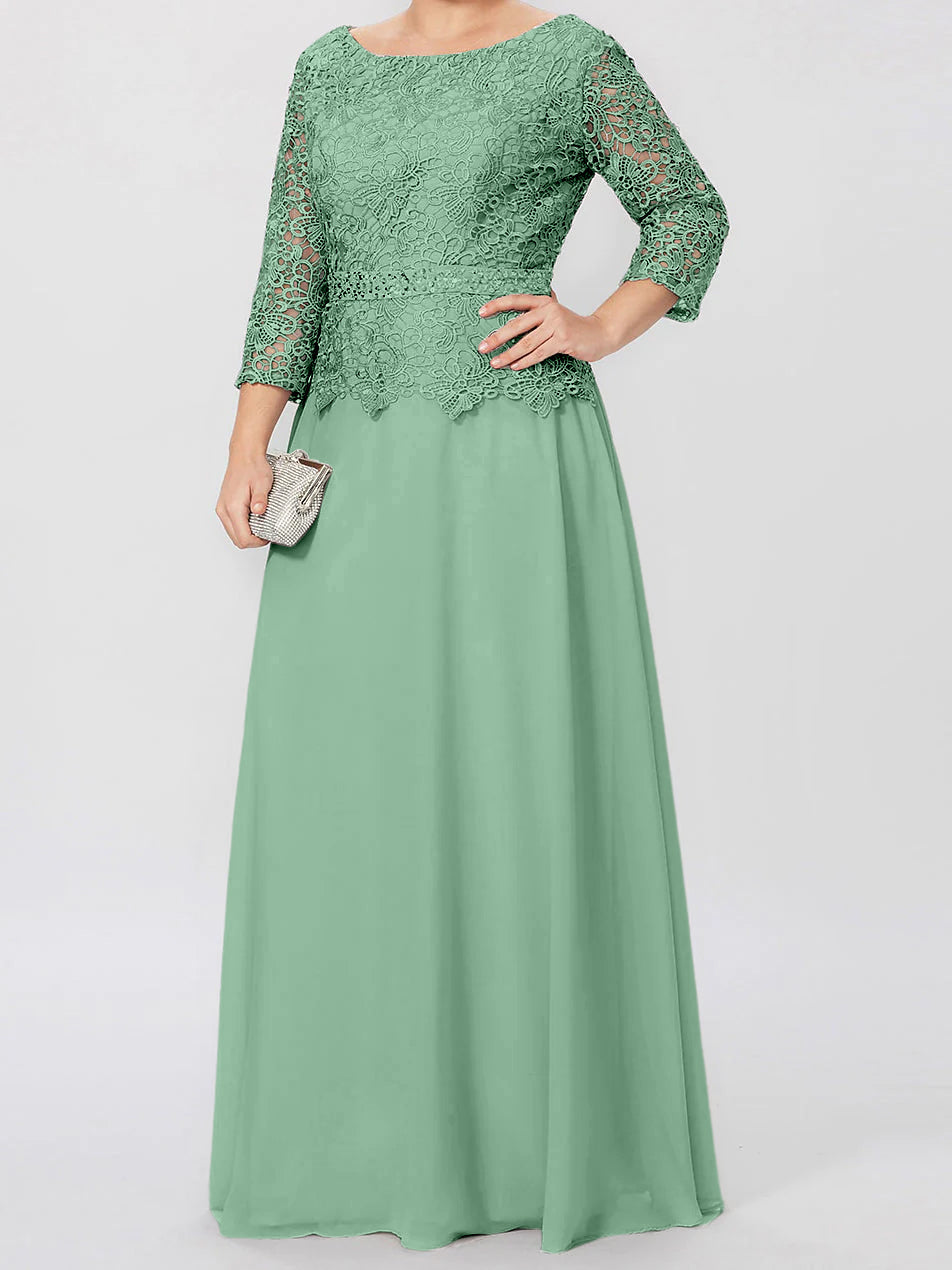 Vestidos de madre de la novia de corte A/princesa, cuello redondo, mangas 3/4, largo hasta el suelo, con apliques y lentejuelas 