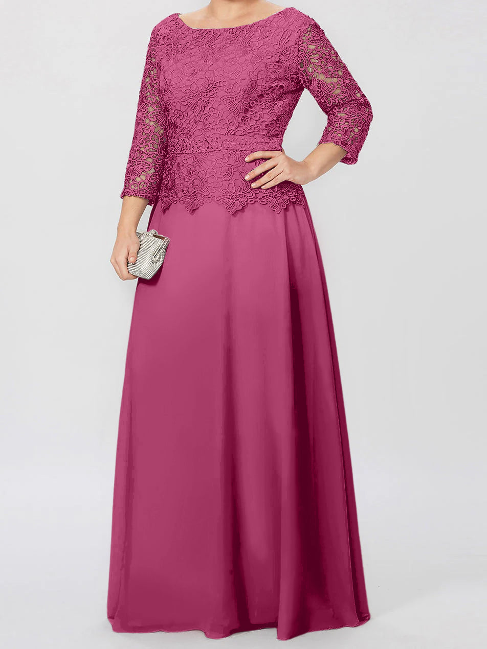 Vestidos de madre de la novia de corte A/princesa, cuello redondo, mangas 3/4, largo hasta el suelo, con apliques y lentejuelas 