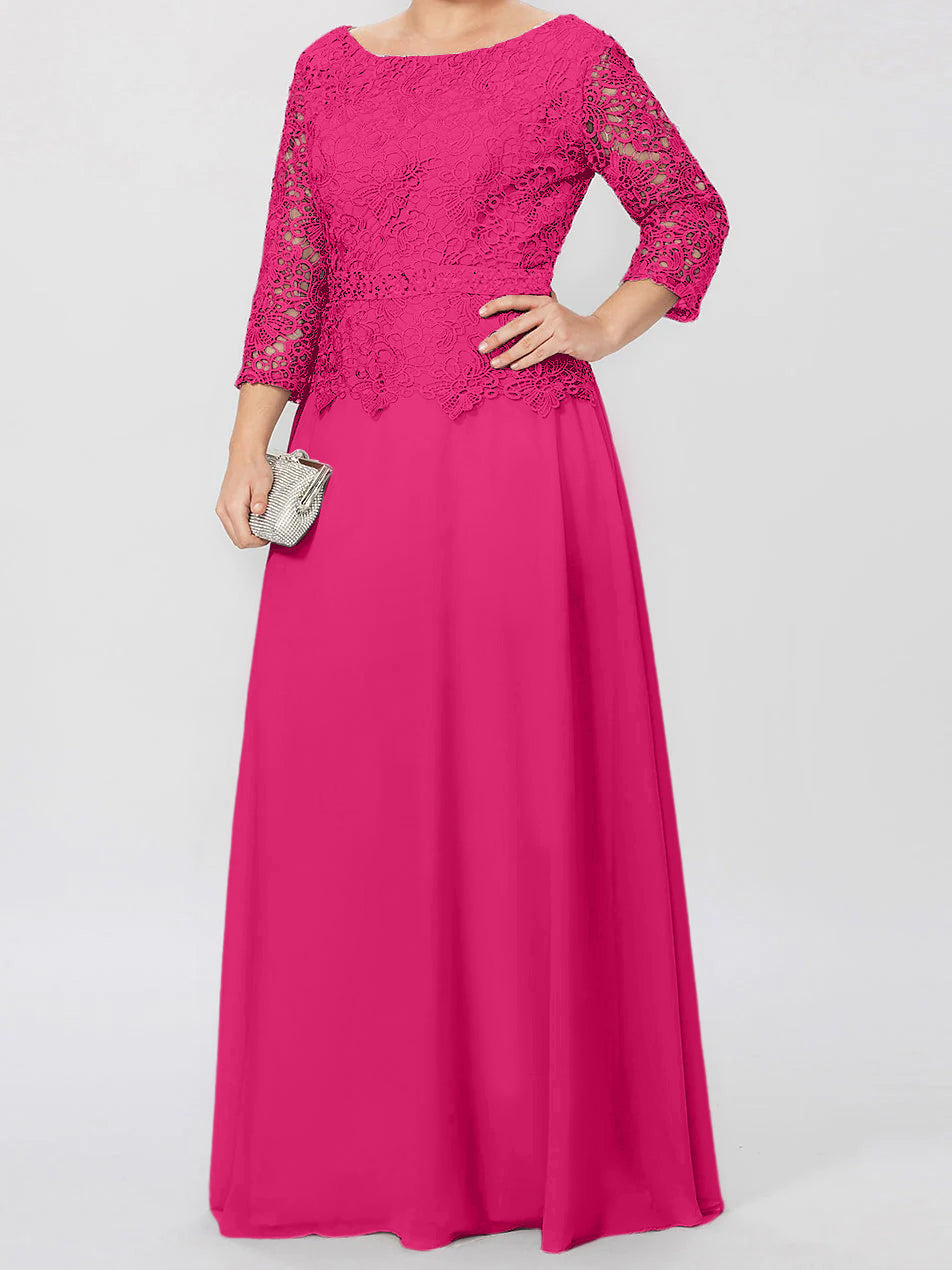 A-Linien-/Prinzessinnenkleid mit Rundhalsausschnitt, 3/4-Ärmeln und bodenlanger Ausführung für die Mutter der Braut, verziert mit Applikationen und Pailletten 