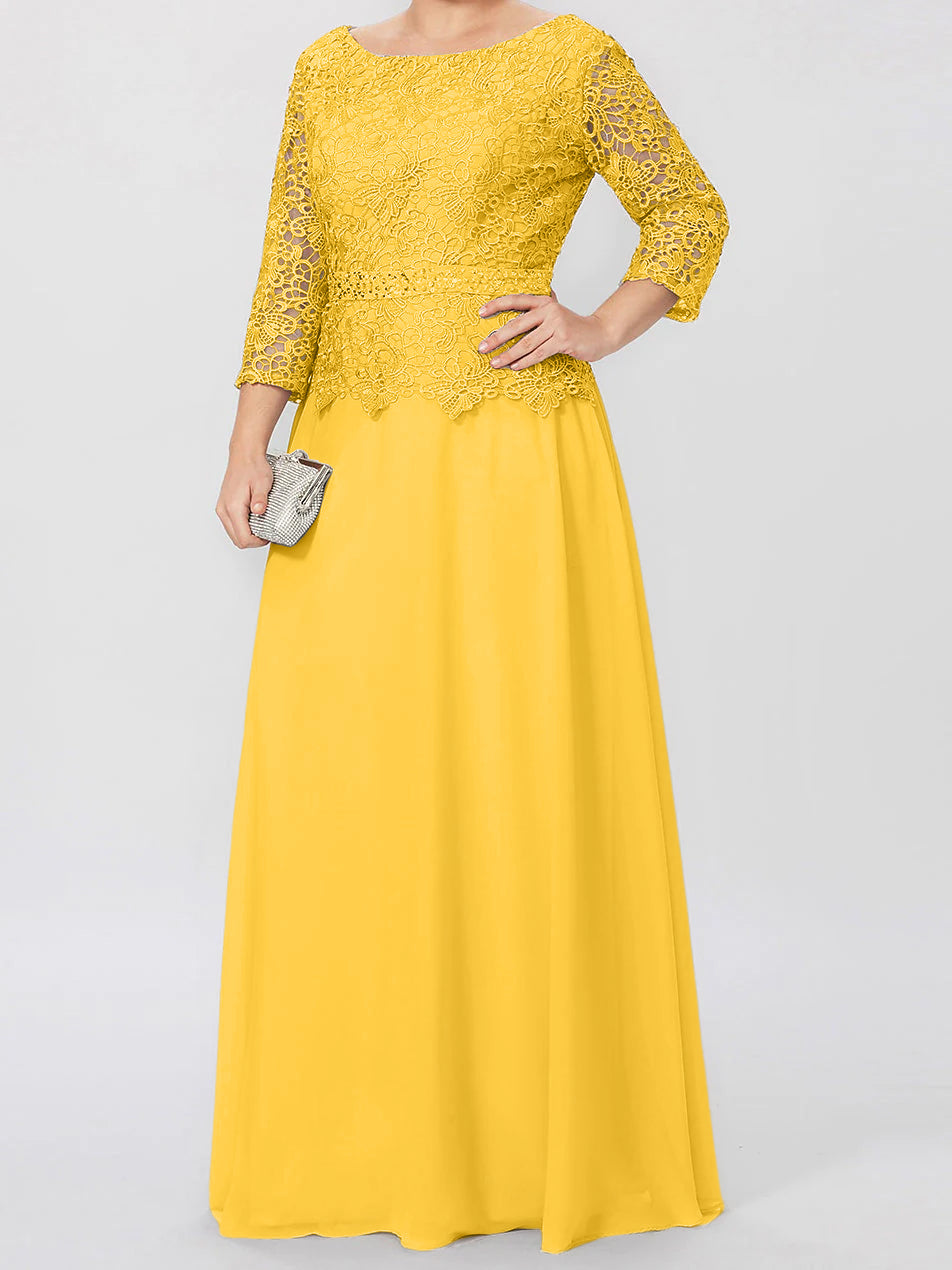 Vestidos de madre de la novia de corte A/princesa, cuello redondo, mangas 3/4, largo hasta el suelo, con apliques y lentejuelas 