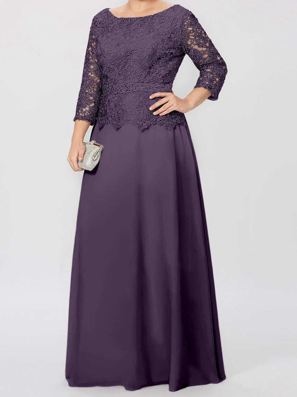Vestidos de madre de la novia de corte A/princesa, cuello redondo, mangas 3/4, largo hasta el suelo, con apliques y lentejuelas 